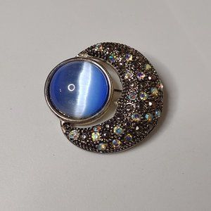 Very Awesome Silver Tone And Blue Moon Brooch